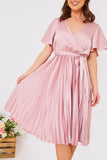 Blush Angel Sleeve Pleated Wrap Midi Dress