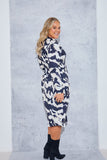 Monochrome Abstract Print Wrap Collared Midi Dress