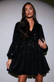 Black Sequin V Neck Smock Dress