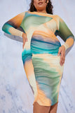 Mesh Ruched Long Sleeve Midi Dress