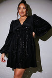Black Sequin V Neck Smock Dress