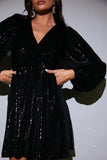 Black Sequin V Neck Smock Dress