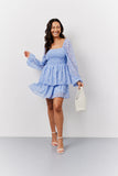 Blue Floral Print Shirred Bust Tiered Mini Dress