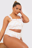 Scarf Print Ruffle Bardot Shirred Bikini Top