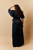 Black Satin Wrap Tie Angel Sleeve Maxi Dress