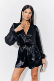 Black Liquid Satin Belted Detail Playsuit