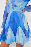Blue Abstract Print Chiffon Wrap Godet Frill Mini Dress
