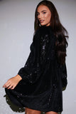 Black Sequin V Neck Smock Dress