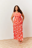 Coral Floral Print Chiffon Frill Detail Maxi Dress
