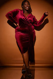 Velvet Wrap Front Drape Midi Dress