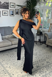 Satin Asymmetric Draped Neckline Maxi Dress