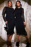 Mesh Long Sleeve Ruched Midi Dress