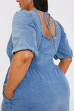 Denim V Neck Shirred Waist Tie Back Mini Dress