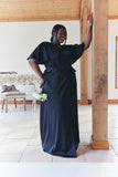 Black Satin Wrap Tie Angel Sleeve Maxi Dress