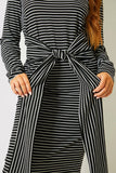 Stripe Ribbed Long Sleeve Bodycon Dress With Tie Waist Detail