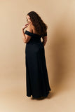 Black Satin Bardot Ruched Maxi Dress