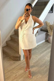 White Tailored Halterneck Mini Dress with Bow Detail