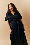Black Satin Wrap Tie Angel Sleeve Maxi Dress