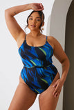 Abstract Print Scoop Neck Gold Trim Belted Swimsuit