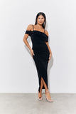 Black Magic Sculpting Strappy Bardot Midi Dress
