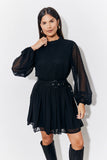 Black Dobby Belted Pleated Skater Mini Dress