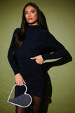 Black Drape Wrap Long Sleeve Mini Dress