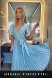 Angel Sleeve Pleated Wrap Midi Dress