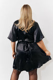 Black Liquid Satin Wrap Front Detail Mini Dress