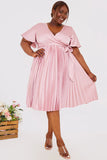 Blush Angel Sleeve Pleated Wrap Midi Dress