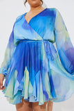 Blue Abstract Print Chiffon Wrap Godet Frill Mini Dress