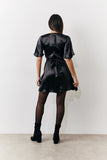 Black Liquid Satin Wrap Front Detail Mini Dress