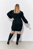 Black Sequin Balloon Sleeve Knitted Belted Jumper Dress