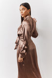 Bronze Liquid Satin Wrap Midaxi Dress