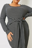 Stripe Ribbed Long Sleeve Bodycon Dress With Tie Waist Detail