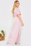 Satin Flutter Sleeve Tie Waist Wrap Dress
