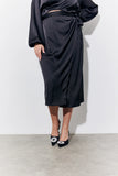 Black Satin Wrap Midi Skirt