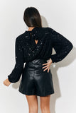 Tie Bow Back Sequin High Neck Blouse with Balloon Sleeve
