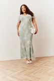 Sage Floral Print Chiffon Flutter Sleeve Maxi Dress
