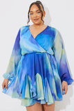 Blue Abstract Print Chiffon Wrap Godet Frill Mini Dress