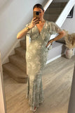 Sage Floral Print Chiffon Flutter Sleeve Maxi Dress