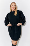 Black Sequin Balloon Sleeve Knitted Belted Jumper Dress