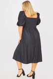 Chambray Shirred Balloon Sleeve Maxi Dress