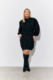 Black Sequin Balloon Sleeve Knitted Belted Jumper Dress