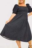 Chambray Shirred Balloon Sleeve Maxi Dress