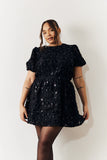 Black Sequin Floral Applique Fit and Flare Mini Dress