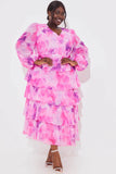Abstract Floral Chiffon Frill Midaxi Dress