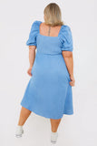 Chambray Shirred Balloon Sleeve Midi Dress