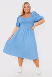 Chambray Shirred Balloon Sleeve Midi Dress
