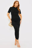 Acetate Slinky Ruched High Neck Midaxi Dress