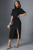 Metallic Polkadot Puff Sleeve Midi Dress